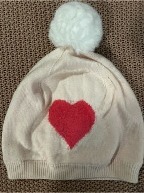 Janie and Jack Girls Heart Pom Pom Knit Beanie Hat Ivory Pink Size 10-12